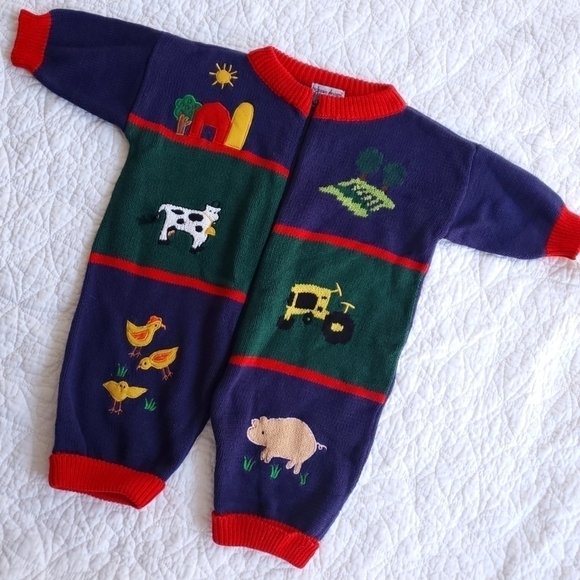Vintage 90s Knit Farm Animals Oversized Jumper 100% Cotton 1990s Kitsch - Picture 1 of 16